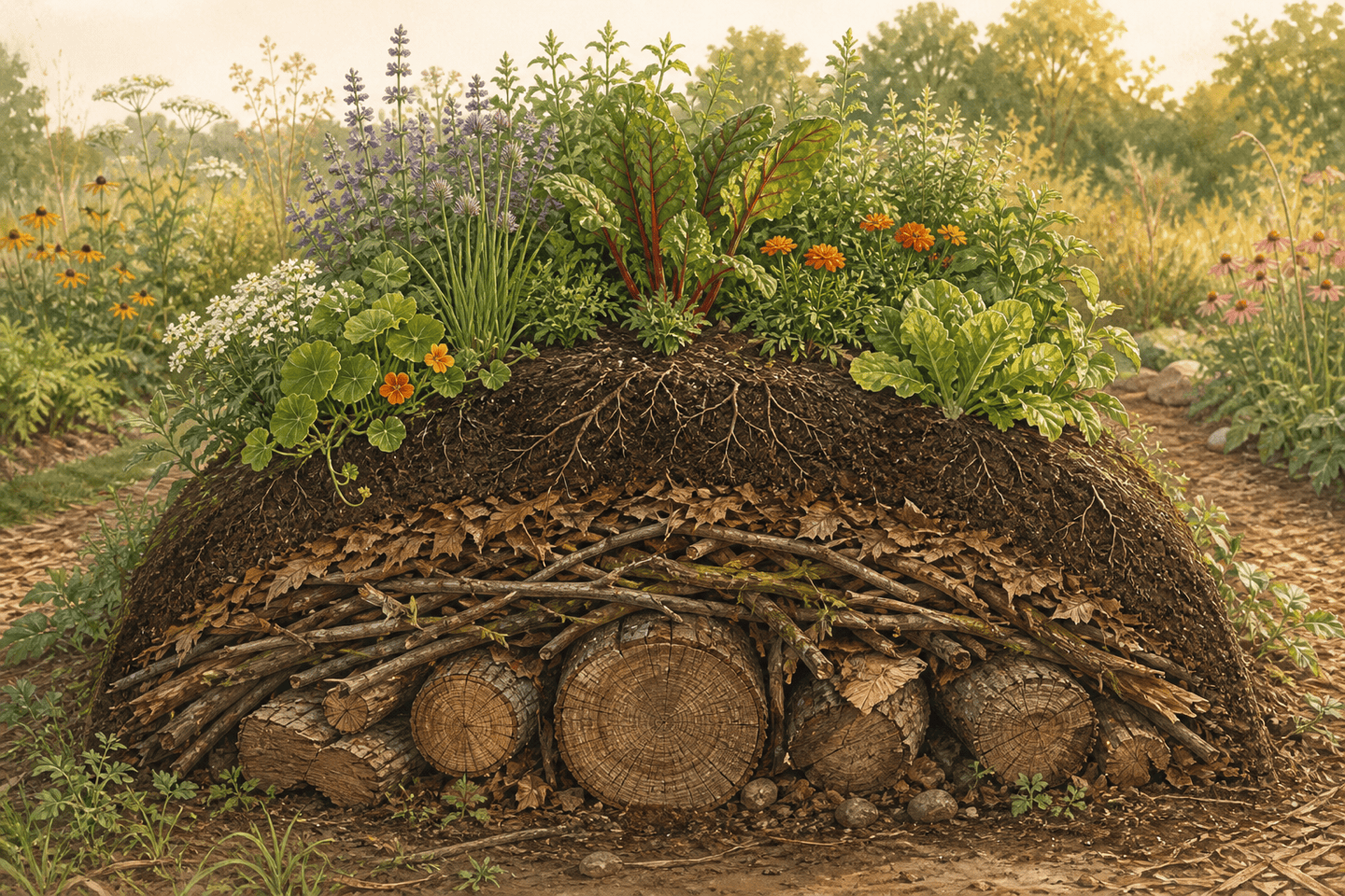 Cutaway illustration of a planted garden mound layered over logs, branches, leaves, and soil