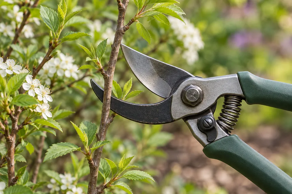 Bypass pruning shears beside a small woody shrub branch