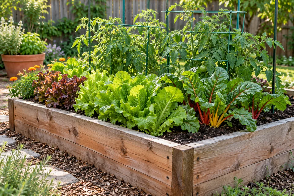 Leafy vegetables and supported tomato plants in a cedar raised bed