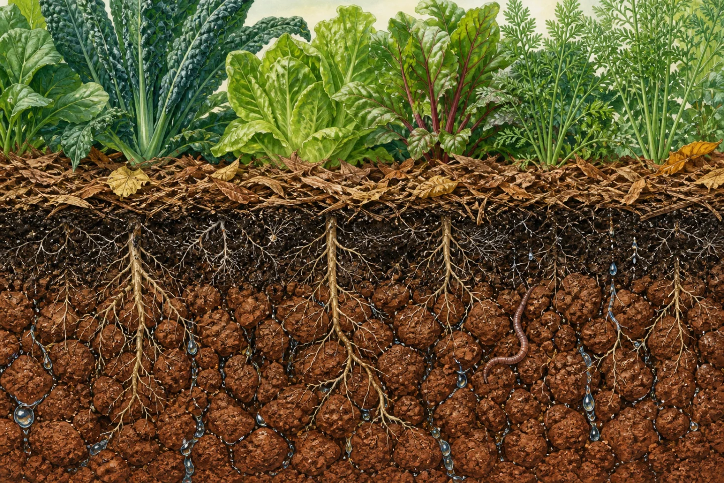 Cutaway illustration of a no-till vegetable bed with leaf mulch, dark compost, aggregated clay, deep roots, pore channels, water, and an earthworm